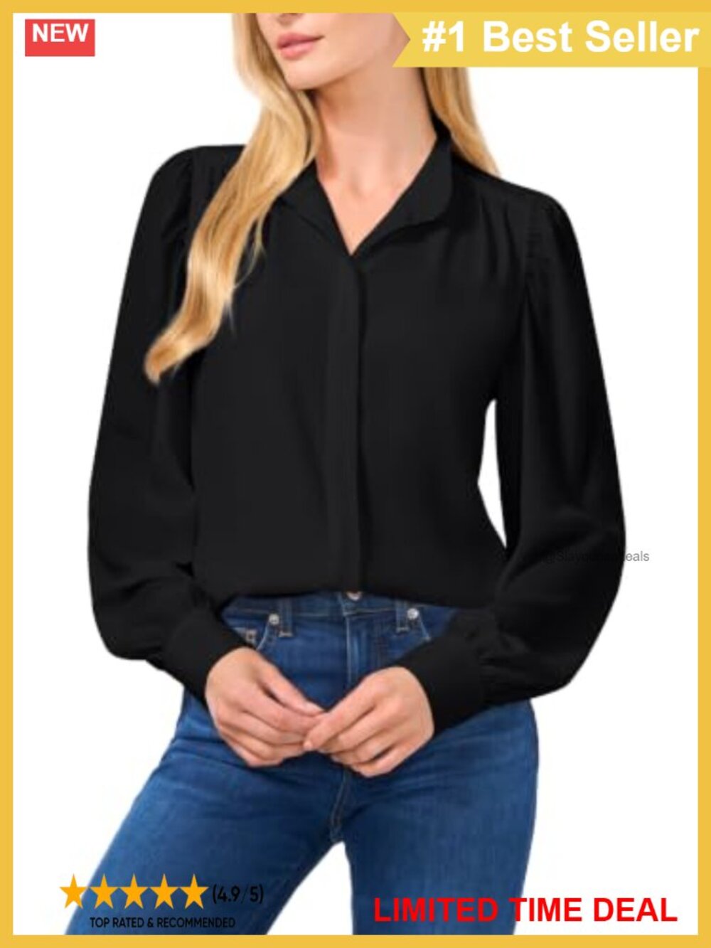 Long Sleeve Open Collar Blouse with Hidden Placket
